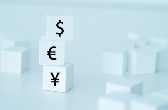 Foreign exchange. Major international currency symbol on white cube