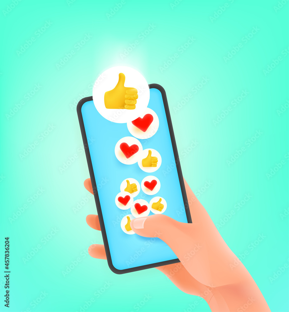 Aufkleber thumb up and heart social media reaction 3d buttons falling to the smartphone