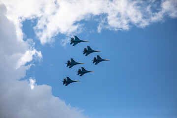 Combat aircraft are flying against the background of the sky. Cloudy sky. Beautiful fighters.