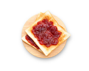 Toasted bread withred jam in wooden plate