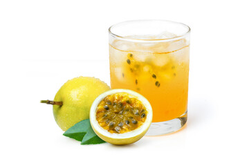 Glass of Passion fruit juice isolated on white background.