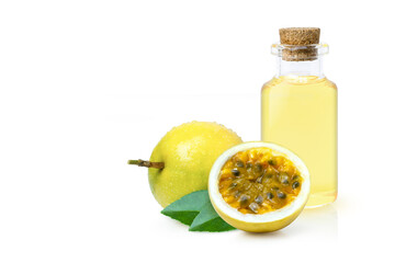 Passion fruit seed oil and fresh passionfruit isolated on white 