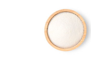 Collagen powder in wooden bowl isolated on white background. Top view. Copy space. Clipping path.