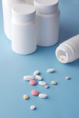 Close up of many colorful pills and capsules 