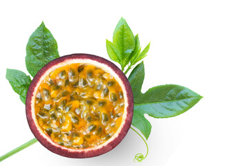 Half sliced purple passion fruit (Maracuya Passiflora) with green leaves isolated on white background. Top view. Flat lay.