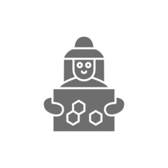 Beekeeper with honeycomb frame grey icon. Isolated on white background