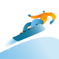 A man in a bright suit to snowboard. Winter landscape with snow. Vector illustration.