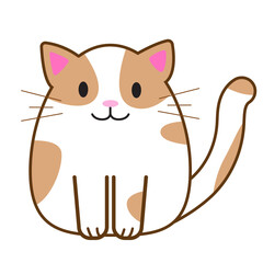 Funny cartoon cat, cute vector illustration in flat style. White and brown cat. Smiling fat kitten. Positive print for sticker, cards, clothes, textile, design and decor