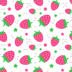 Seamless pattern with funny cartoon strawberries. Positive summer background in pink tones. Print for textile, gift wrap, clothes, interior, design and decor. Trendy summer pattern