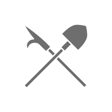 Fire gaff with shovel, firefighter equipment grey icon.