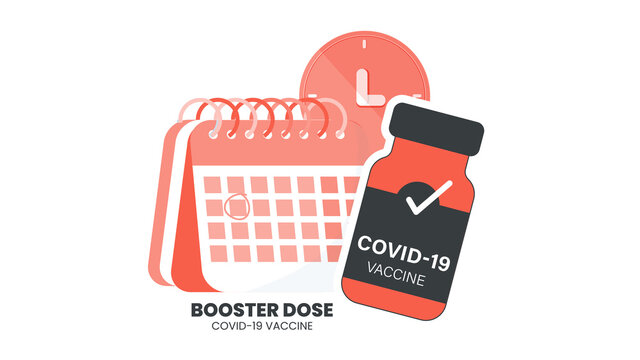 Illustrator vector of Vaccine bottle, syringe injection and calendar. Third booster shots vaccine after primer dose. Booster injection to increase immunity or COVID-19 vaccine booster dose concept.