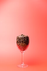 pine nuts in a transparent glass on a red background