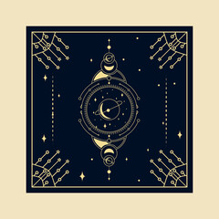 Celestial mystical tarot cards Elements of esoteric, occult, alchemical and witch symbols Zodiac signs Cards with esoteric symbols. Silhouette of hands, stars, moon and crystals spiritual vector