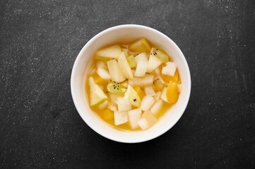 Bowl of fruit salad viewed from above