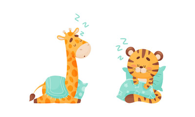 Cute Animal Character Sleeping on Soft Pillow Under Blanket Vector Set