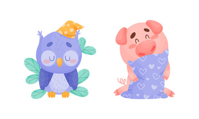 Cute Animal Character in Night Cap Sleeping on Pillow Vector Set