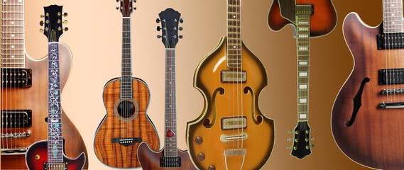 Various types of electric guitars on a gradient brown background