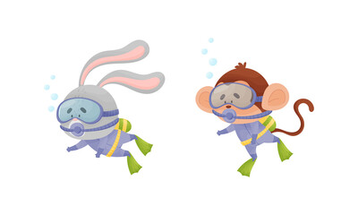 Funny Animal Character Snorkeling and Swimming Underwater in Goggles and Flippers Vector Set