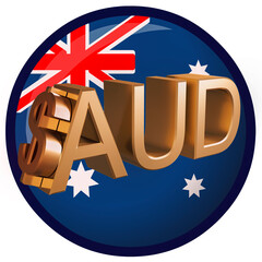 Gilded AUD dollar symbol on the background of the flag of Australia. Finance concept. Rendering 3D. Isolated