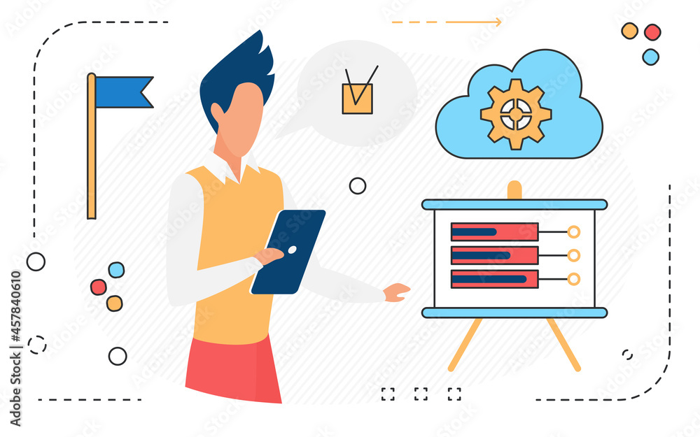 Poster businessman analyst working on business development in data analysis dashboard report vector illustr