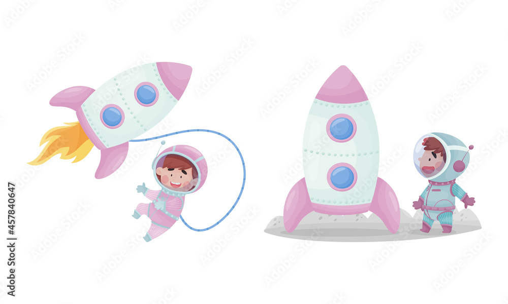 Poster little kid astronaut wearing spacesuit exploring the moon with rocket vector set