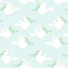 Dove of peace seamless pattern on blue. White dove green olive branch stock vector illustration for web, for print