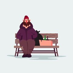 Homeless person sitting on a bench. Vector illustration