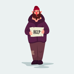 Homeless man with a HELP sign. Character vector illustration isolated.