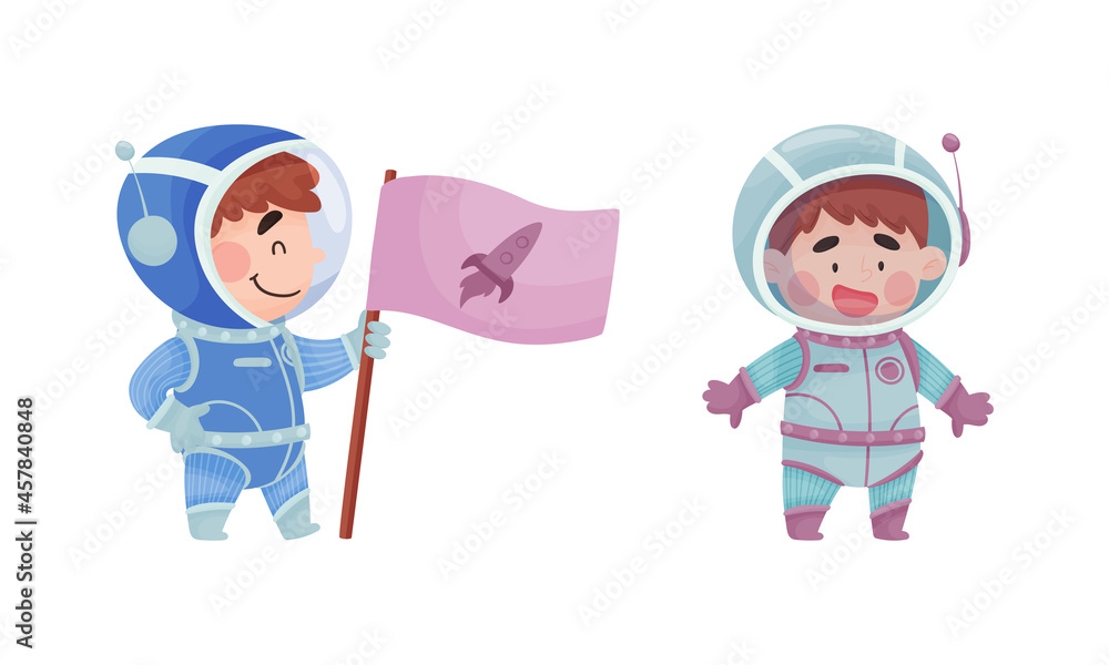 Poster little boy astronaut wearing spacesuit exploring the moon with flag vector set