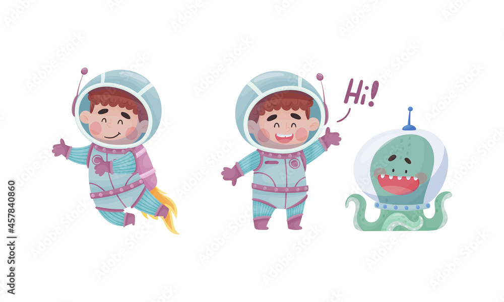 Poster little boy astronaut wearing spacesuit greeting with octopus and floating exploring the moon vector 