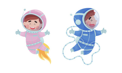 Little Kid Astronaut Wearing Spacesuit Exploring the Moon Vector Set