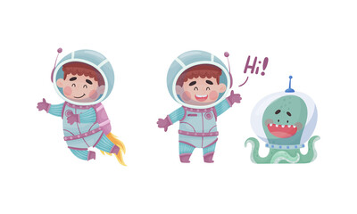 Little Boy Astronaut Wearing Spacesuit Greeting with Octopus and Floating Exploring the Moon Vector Set