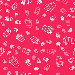 White line Coffee cup to go icon isolated seamless pattern on red background. Vector