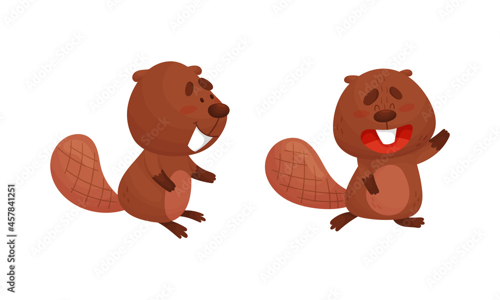 Poster funny beaver character with flat tail waving paw and smiling vector set