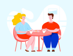 Two vector character having a conversation and sitting behind the table. People in a cafe