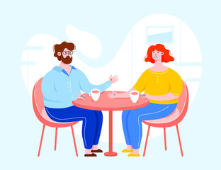 Two vector character having a conversation and sitting behind the table. People in a cafe