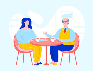 Two vector character having a conversation and sitting behind the table. People in a cafe