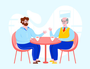 Two vector character having a conversation and sitting behind the table. People in a cafe