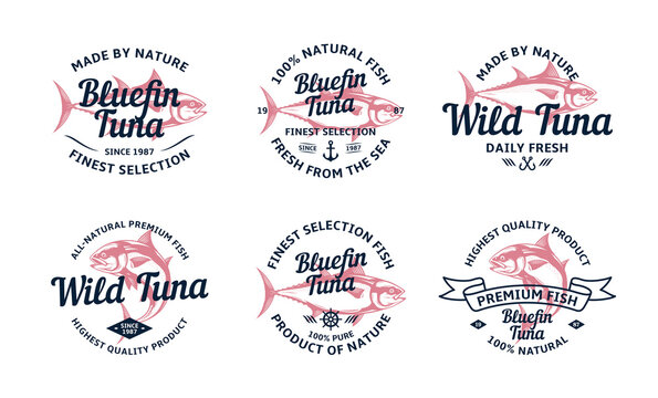 Vector tuna vintage logo and tuna fish illustrations for groceries, fisheries, packaging and advertising
