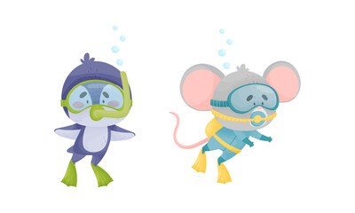 Funny Animal Character Snorkeling and Swimming Underwater in Goggles and Flippers Vector Set. Cute Mammal Floating Undersea Exploring Ocean Bottom Concept