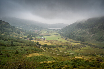 View down the valley in North Wales, Snowdonia near the village of Beddgelert 