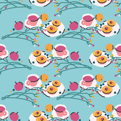 Fototapeta na wymiar Seamless pattern with breakfast, dessert. Tea drinking. Trendy cute vector illustration, background, wrapping paper