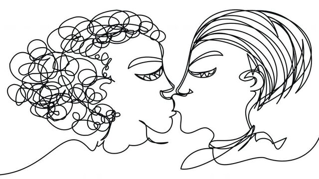 Two girls kiss in one line. Animations two transgender characters on a white background. LGBT couple linear video in 4k. Love of young modern people. Self-drawing of gay people in love.