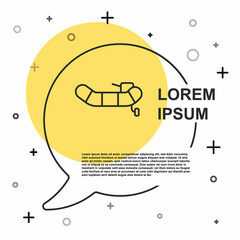 Black line Inflatable boat with outboard motor icon isolated on white background. Random dynamic shapes. Vector