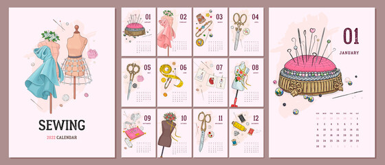 Obraz premium Illustrated 2022 calendar template with hand drawn vintage sewing tools and accesories. Vector illustration