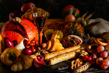 Fototapeta na wymiar Autumn composition, Thanksgiving or Halloween concept, still life with fruits, pumpkin, vegetables, bountiful harvest