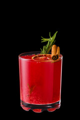 Hot raspberries and orange winter drink with cinnamon and rosemary