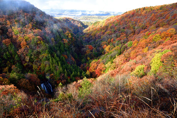 長野県蓼科高原　横谷観音展望台から見る紅葉の横谷渓谷と大滝