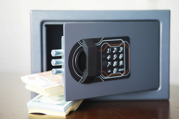 Open safe in a wealthy house. Safety box in hotel room. Concept safe storage of money and documents