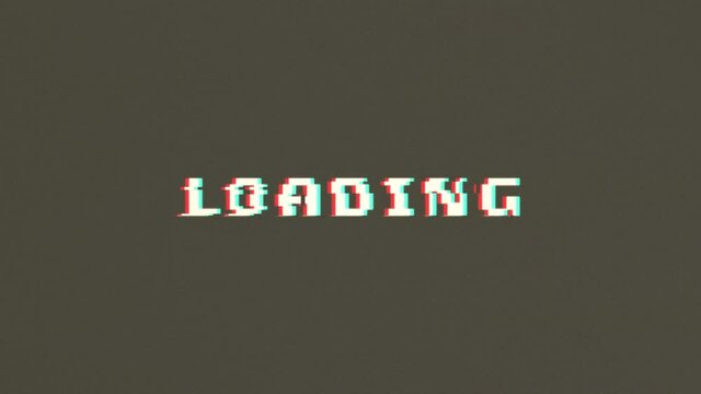 Glitch loading screen, retro text animation on a dark background with static noise